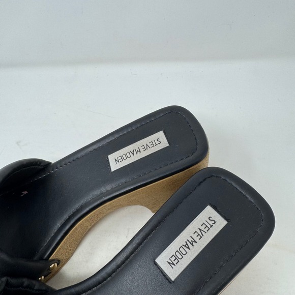 Steve Madden Black Leather Padded Square Toe Platform Slide Sandals Size 8 - Picture 3 of 12